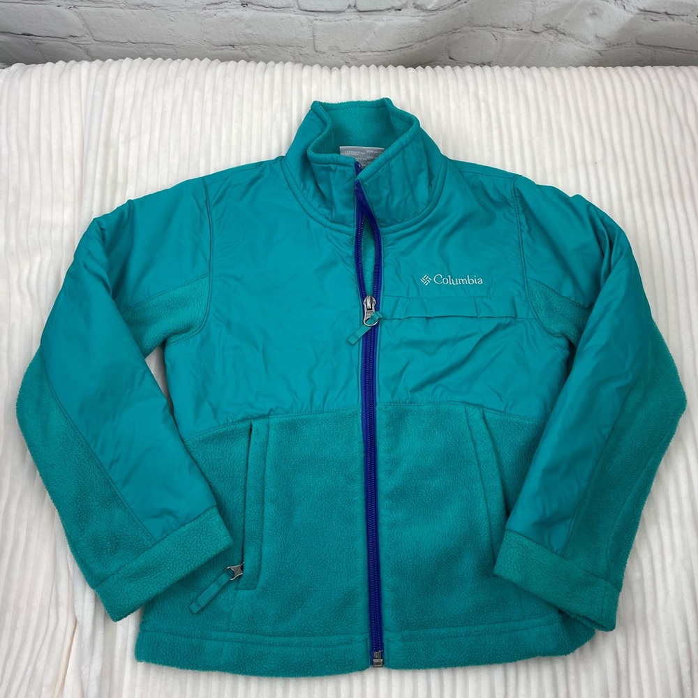 Columbia size 4/5 XS fleece teal zip up jacket. Half nylon half fleece.